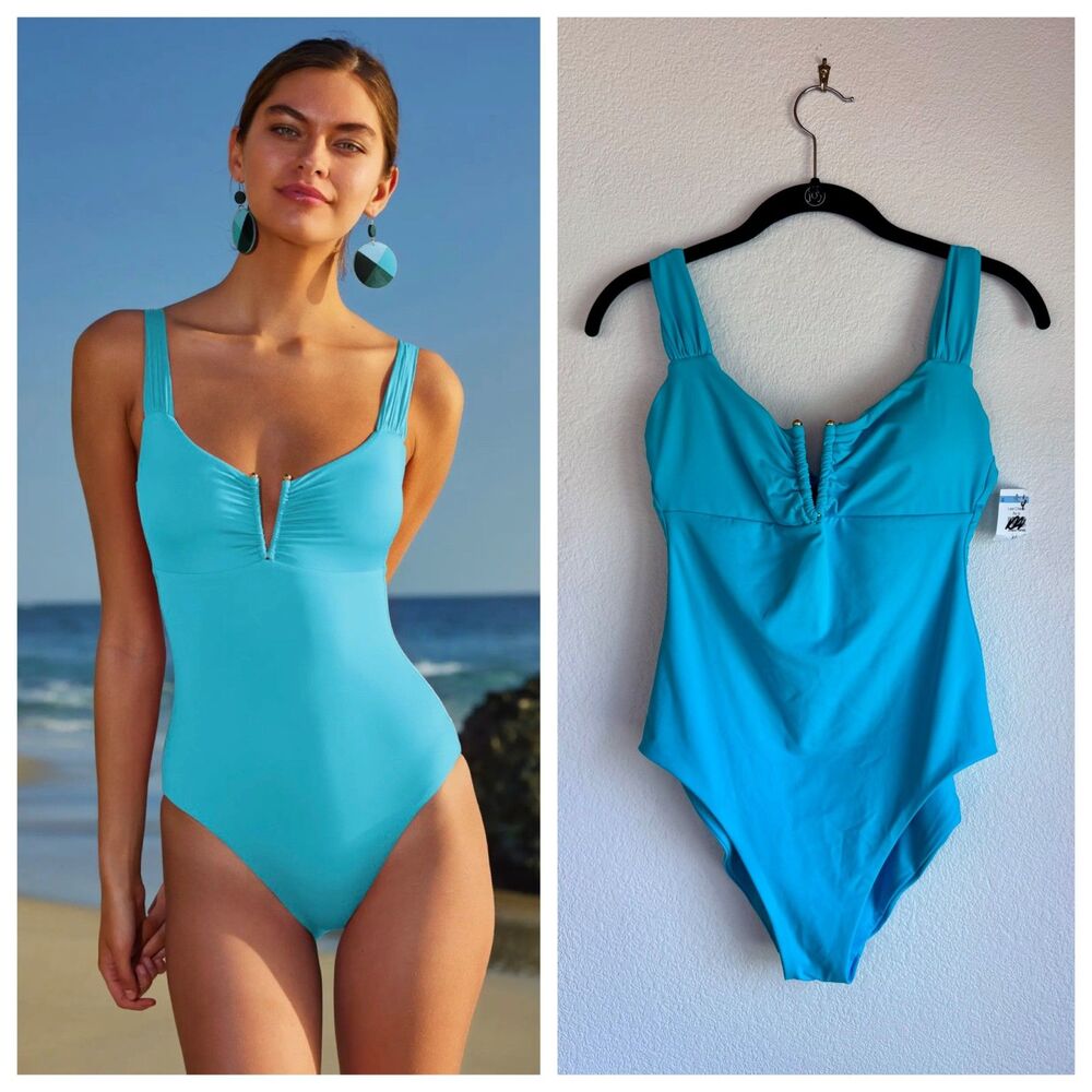 NWT BECCA Color Code V-Wire One-Piece Swimsuit in Pool Aqua Blue Size Medium
